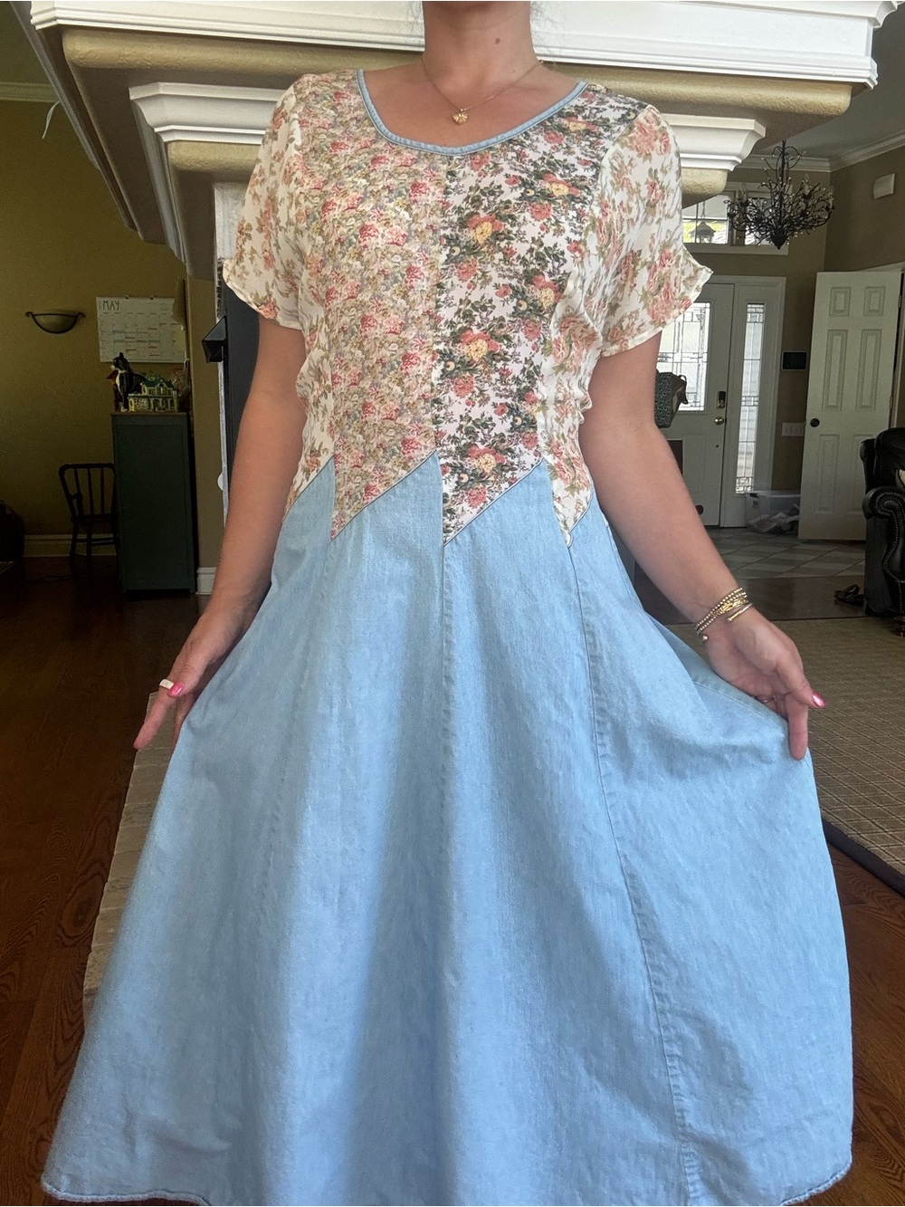 Vintage 90s Denim Floral Lace Maxi Dress Prairiecore Boho Western Romantic